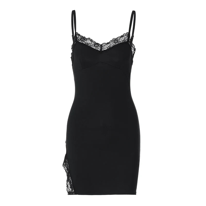 Lace Spaghetti Strap Sexy Mini Dress For Women Robe Fashion Sleeveless Backless Bodycon Side Split Club Dress Vestido