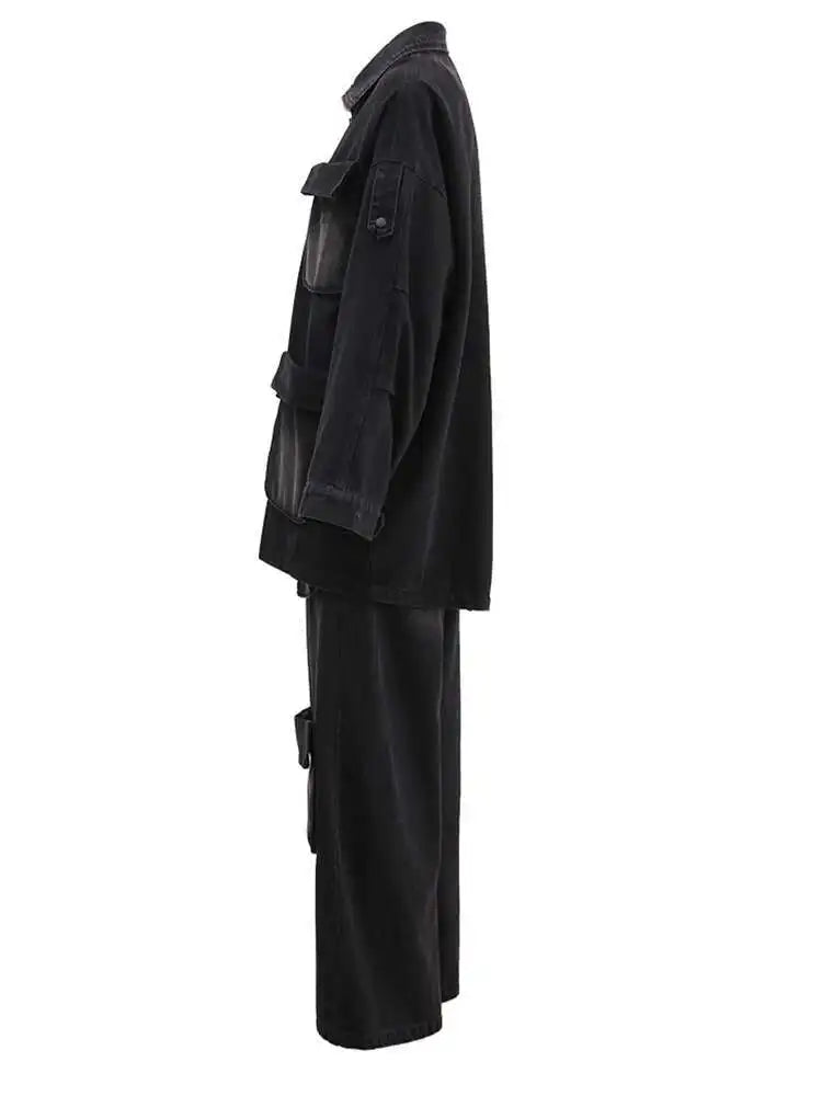 Big Size Denim  Jacket Wide Leg Pants Two Piece Suit New Lapel Long Sleeve Women Fashion Tide Spring Autumn 2025 CPG1716