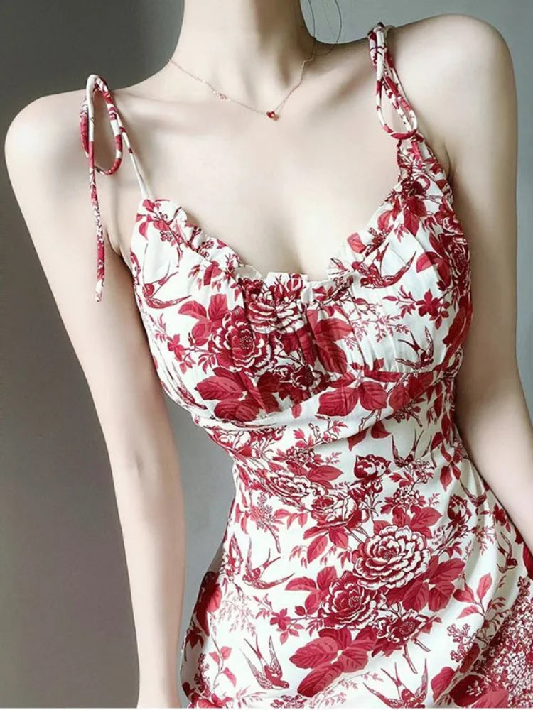 Vintage Sexy Floral Mini Dress Bandage Summer Casual Beach Holiday Vacation Flower Print Slip Dresses New In