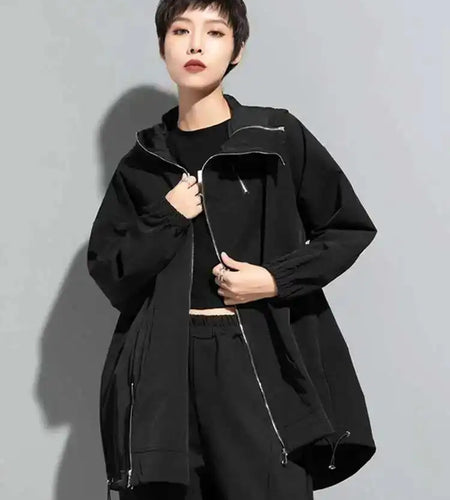 Loose Black Zipper Irregular Big Size Long Jacket New Hooded Long Sleeve Women Coat Fashion Spring Autumn 2025 1DF1658