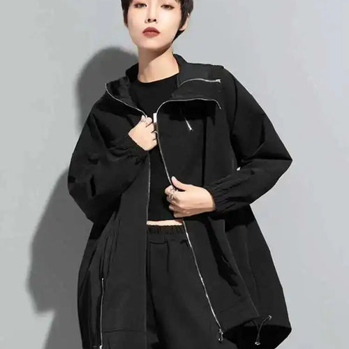 Load image into Gallery viewer, Loose Black Zipper Irregular Big Size Long Jacket New Hooded Long Sleeve Women Coat Fashion Spring Autumn 2025 1DF1658
