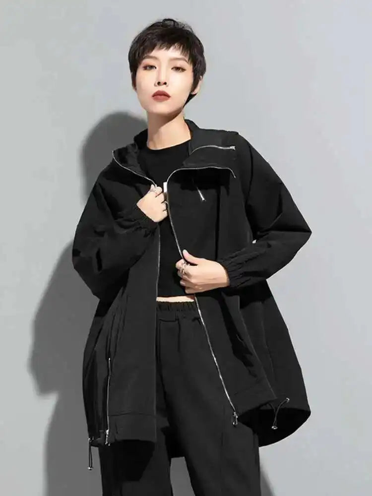 Loose Black Zipper Irregular Big Size Long Jacket New Hooded Long Sleeve Women Coat Fashion Spring Autumn 2025 1DF1658