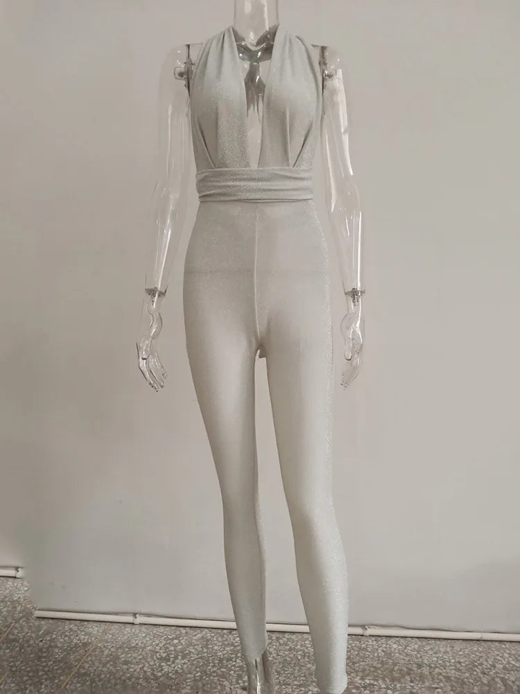 Sexy DeepV Elastic Tight Jumpsuit For Women 2024 New Shoulder Strap Bright Silk Jumpsuit Fashionable Temperament Rompers