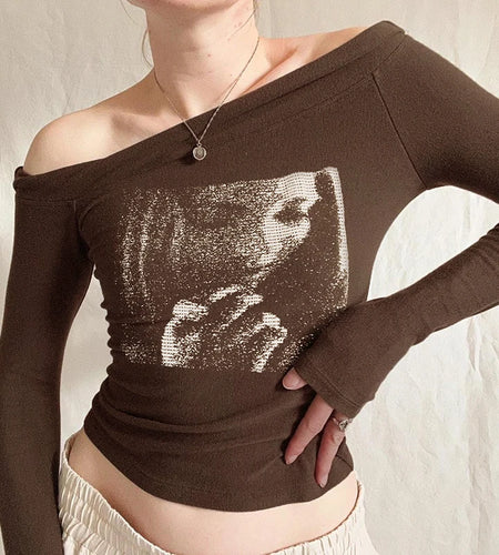 Brown Vintage Graphic Printed Tee Baby Y2K Slim Skew Collar Harajuku Autumn T-shirts Female 90s Pullover Tops Outfits