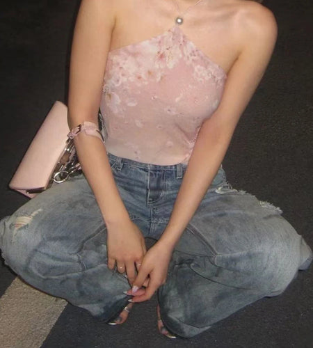 Hit Color Printing Spliced Lace Sexy Vests for Women Halter Sleeveless Blackless Elegant Vest Female Clothing New