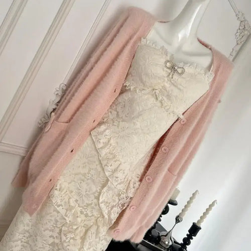 Load image into Gallery viewer, French Sweet Retro Women Pink Single Breasted Cardigan Sweater Autumn Winter Fashion V Neck Long Sleeved Knit Tops Casual Trendy
