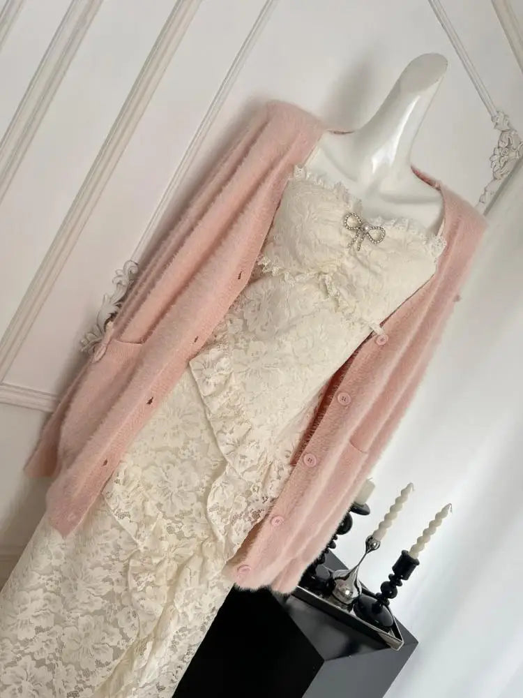 French Sweet Retro Women Pink Single Breasted Cardigan Sweater Autumn Winter Fashion V Neck Long Sleeved Knit Tops Casual Trendy