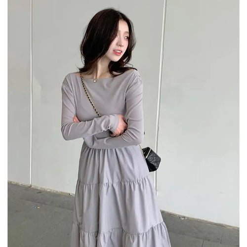 Load image into Gallery viewer, Autumn Gray Elegant High Waist Evening Party Dresses Women Long Sleeve Off Shoulder Sexy Club Pleated Long Dress French Popular
