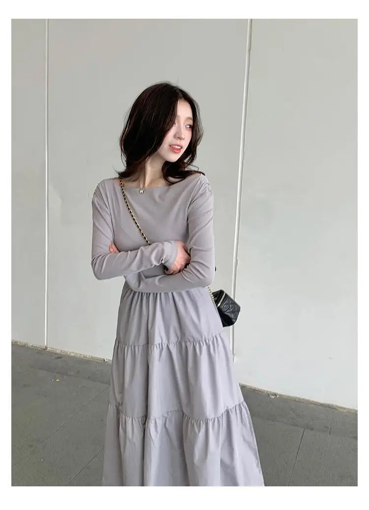Autumn Gray Elegant High Waist Evening Party Dresses Women Long Sleeve Off Shoulder Sexy Club Pleated Long Dress French Popular