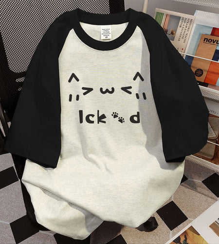 Cotton Woman Tshirts Fashion Summer Tees Contrast Color Cartoon Cute Camisetas Oversized Tops Casual Y2k T-shirt 2024 Ropa Mujer