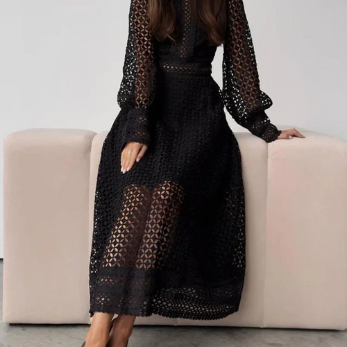 Load image into Gallery viewer, Elegant Embroidery Solid Long Dress For Women Round Neck Lantern Sleeve High Waist Hollow Out Sheer Dresses Female Fashion
