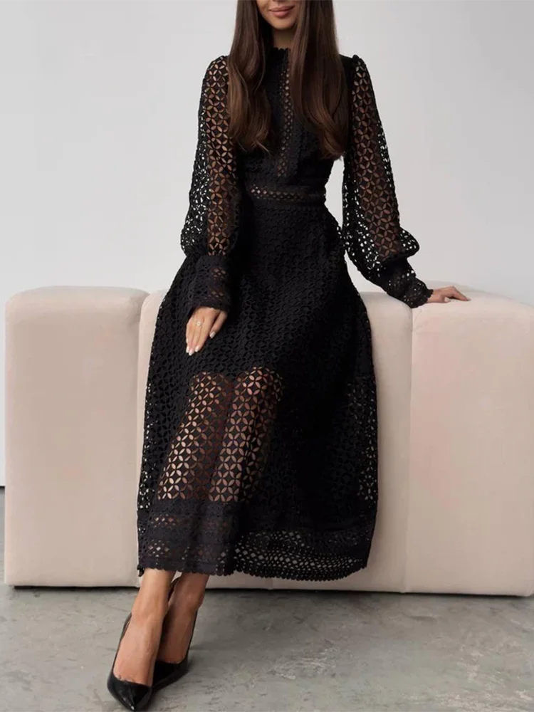 Elegant Embroidery Solid Long Dress For Women Round Neck Lantern Sleeve High Waist Hollow Out Sheer Dresses Female Fashion