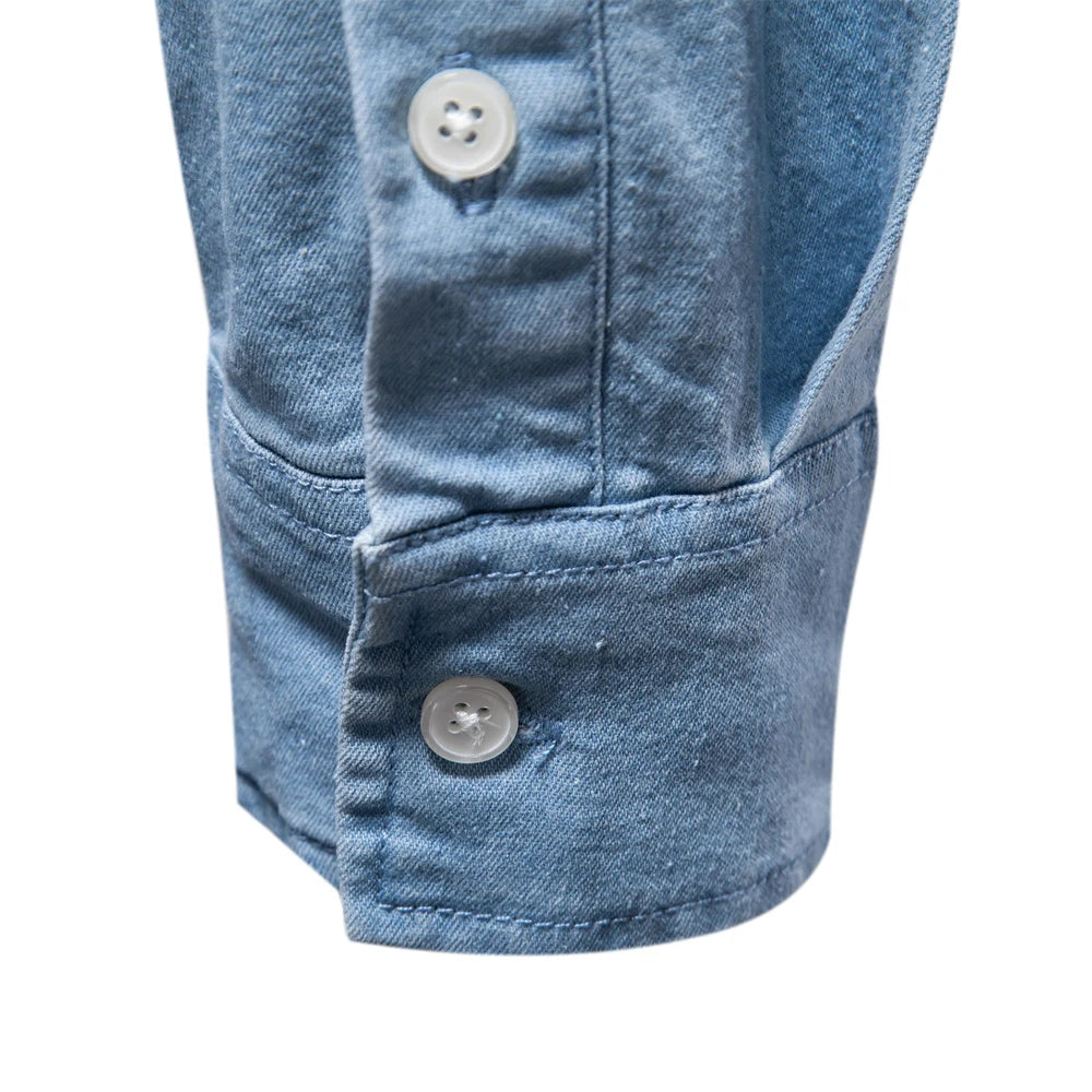 Autumn Men's Denim Shirt Cotton Elastic Casual Social Design Double Pockets Slim Jeans Shirts for Men