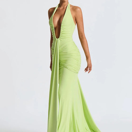 Load image into Gallery viewer, Deep V Neck Backless Ruched Sexy Maxi Dress Women Gown Summer Halter Sleeveless Draped Club Party Long Dress 2025
