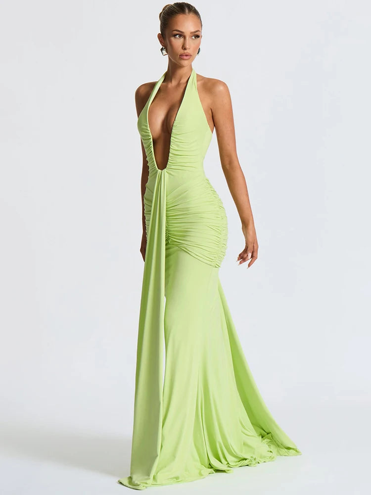 Deep V Neck Backless Ruched Sexy Maxi Dress Women Gown Summer Halter Sleeveless Draped Club Party Long Dress 2025