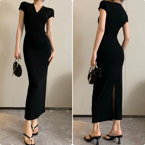 Load image into Gallery viewer, Women Fashion Sexy Midi Dress Summer Elegant V-neck Split Sleeveless Slim Dresses Streetwear High Waist Bodycon Vestidos Robes
