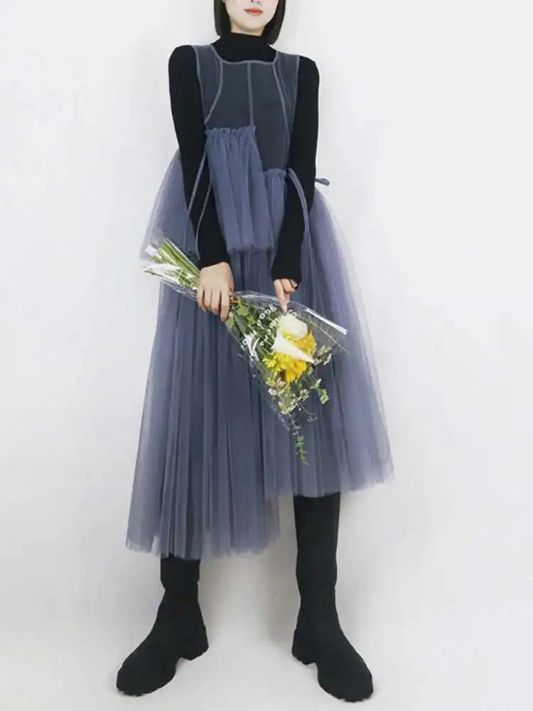 Women Green Mesh Irregular Elegant Dress New Round Neck Sleeveless Loose Fit Fashion Tide Spring Summer 2025 1DF9867