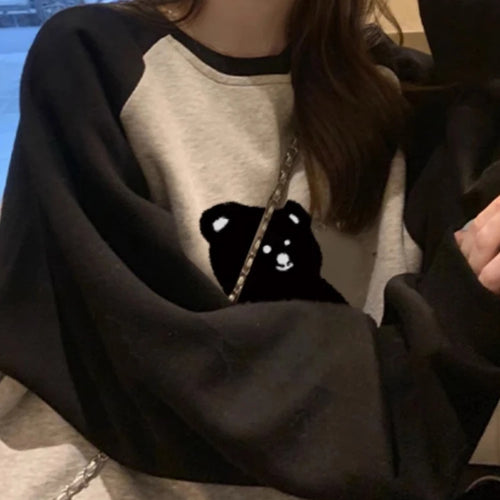 Load image into Gallery viewer, Sweet O-neck Chicly Printing Women Hoodies Black Contrast Color Loose Casual Pullovers Streetwear Fashion Female Hoodies
