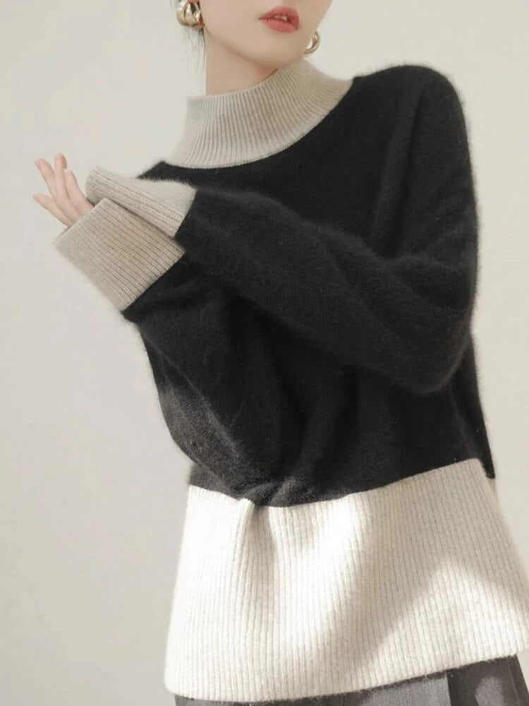 Hit Color Minimalist Knitting Sweaters For Women Mock Neck Long Sleeves Loose Casual Sweater Female Fashion