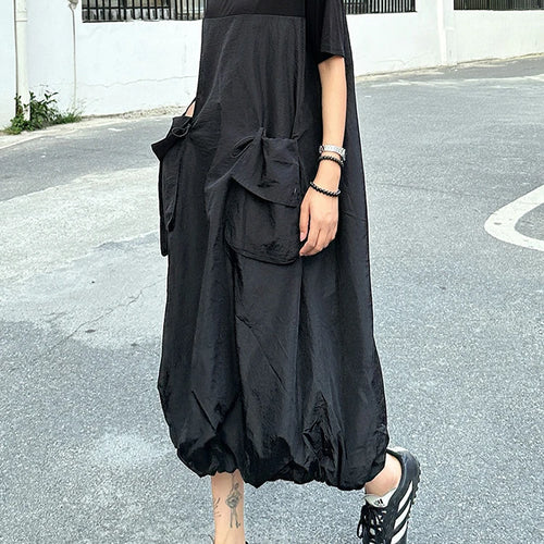 Load image into Gallery viewer, Women Black Drawstring Pocket Big Size Midi Dress New Round Neck Shhort Sleeve Fashion Tide Spring Summer 2025 1DJ0773
