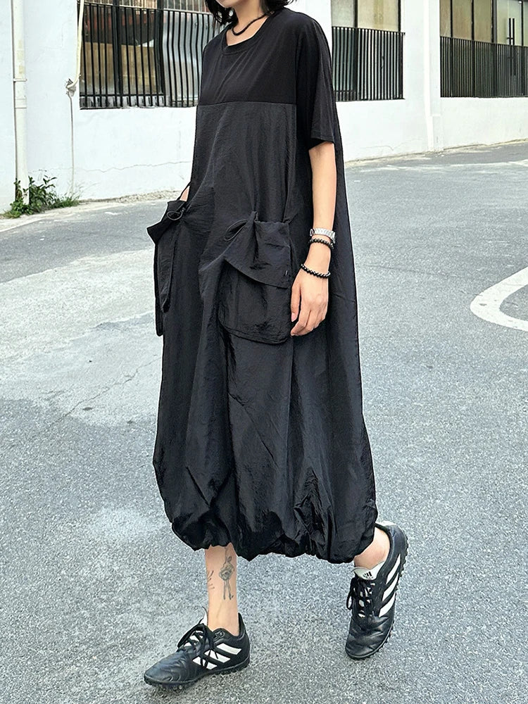 Women Black Drawstring Pocket Big Size Midi Dress New Round Neck Shhort Sleeve Fashion Tide Spring Summer 2025 1DJ0773