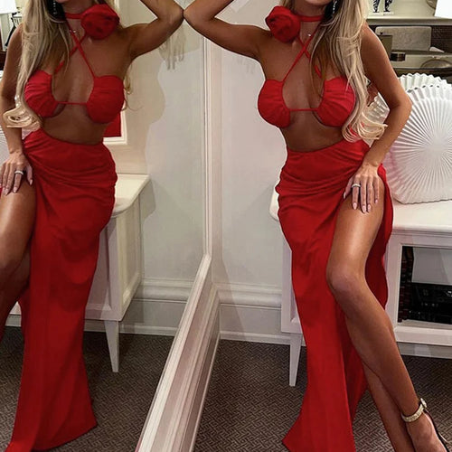 Load image into Gallery viewer, Flower Decoratio Lace Wrap Chest Sexy Temperament Split Longuette Summer Women's NewDress Evening Two-Piece Dress
