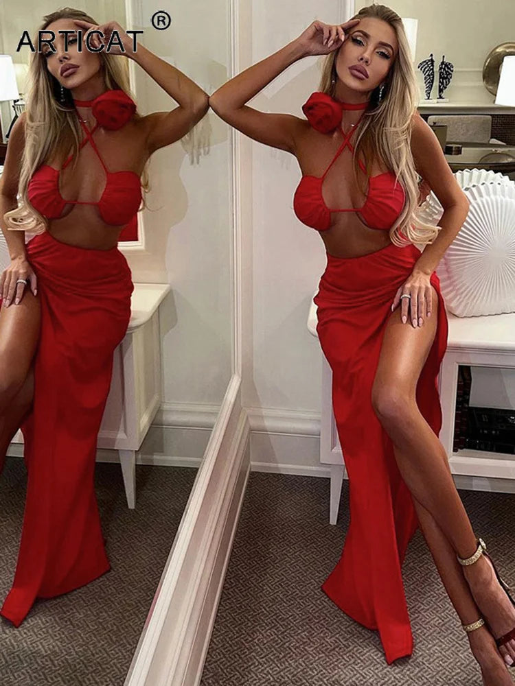 Flower Decoratio Lace Wrap Chest Sexy Temperament Split Longuette Summer Women's NewDress Evening Two-Piece Dress