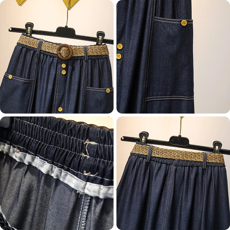 Spring Summer Vintage Blue Single Breasted Party Pleated Denim Midi Skirt Women Elastic High Waist Large Size Pockets Jean Skirt