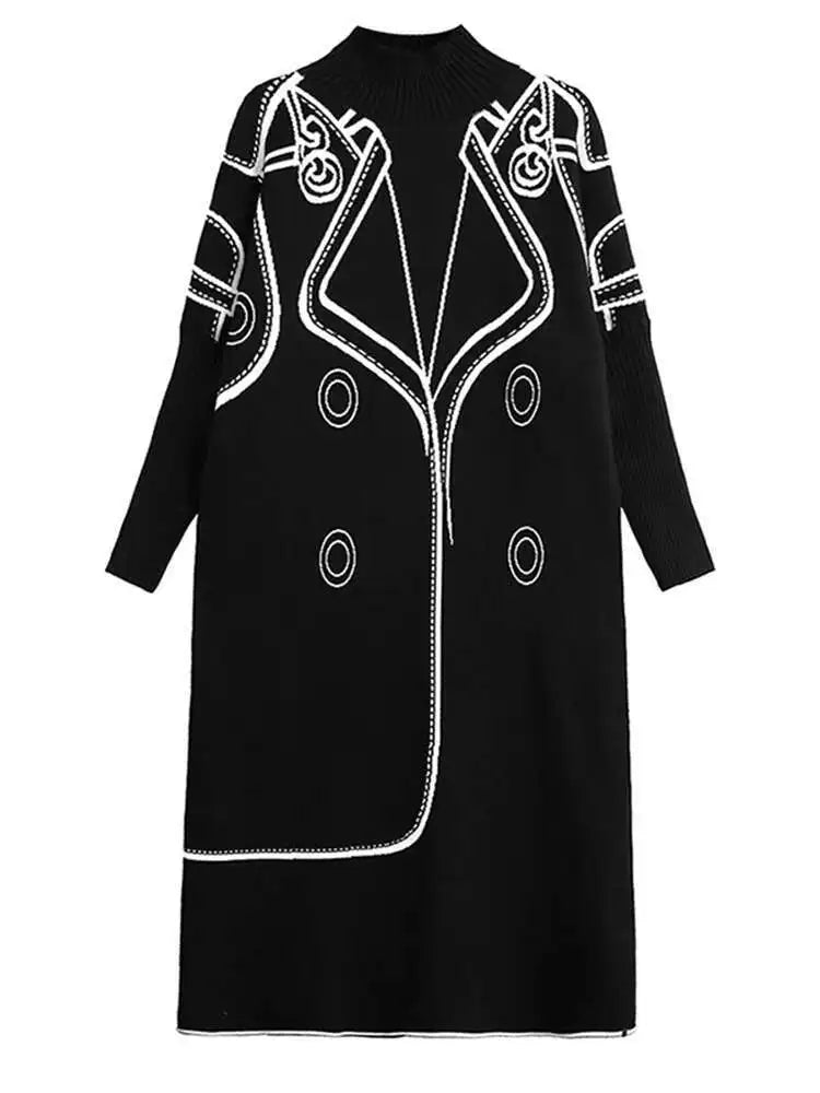 Women Black Pattern Both Side Wear Big Size Sweater Dress New Turtleneck Long Sleeve Fashion Spring Autumn 2025 1DH8332