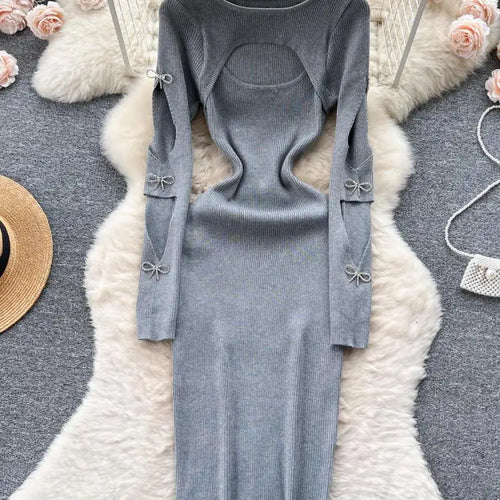 Load image into Gallery viewer, Women Retro Chic Elegant Bow Hollow Long Sleeve Bodycon Dress Sexy Fashion Knit Slim Hip Wrap Sweater Dress Vestidos Autumn New
