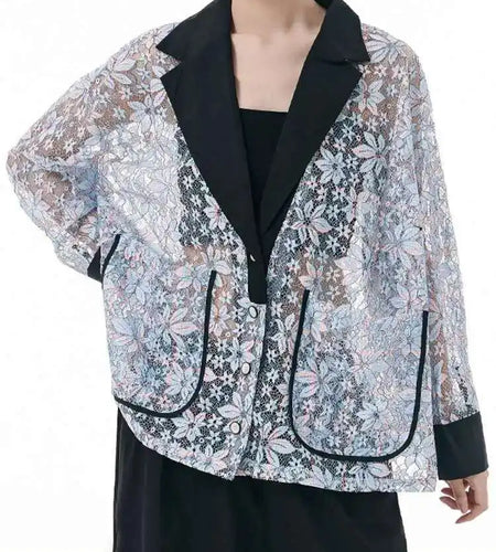 Women Lace Pocket Perspective Big Size Casual Blazer New Lapel Long Sleeve Jacket Fashion Tide Spring Autumn 2025 1DH3294