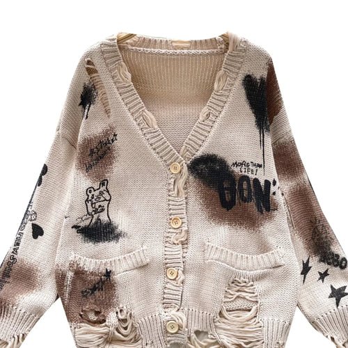 Load image into Gallery viewer, Autumn Winter Women Beige Graffiti Print Loose Long Sleeve Fashion Cardigan Knitted Sweaters Korean Casual Button Hole Tops Chic
