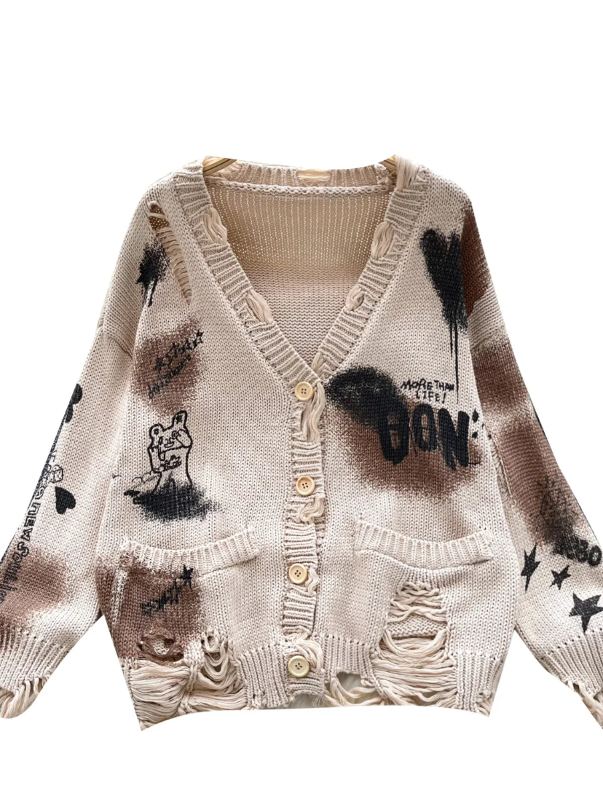 Autumn Winter Women Beige Graffiti Print Loose Long Sleeve Fashion Cardigan Knitted Sweaters Korean Casual Button Hole Tops Chic