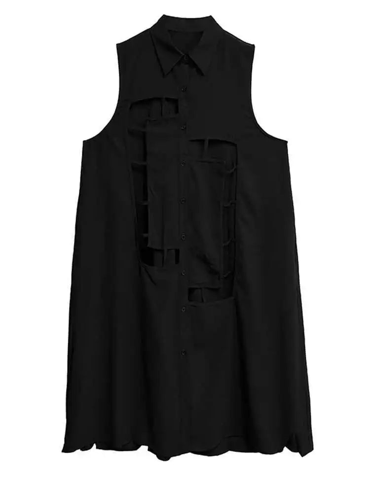 Women Army Green Hollow Out Big Size Midi Casual Dress New Lapel Sleeveless Fashion Tide Spring Summer 2025 1DH9512