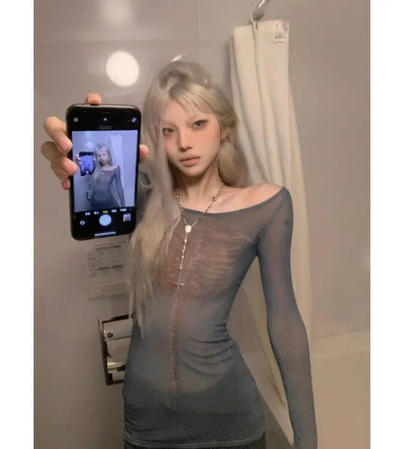 Harajuku Y2k T Shirt 2024 Women's Clothing Skull Print Long Sleeve Tunic Tees Crop Tops Fashion Gauze Sexy Tshirts Ropa Mujer