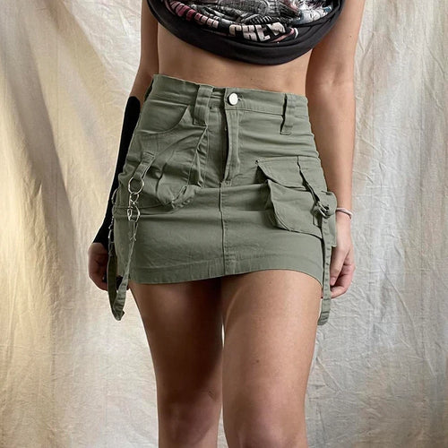 Load image into Gallery viewer, Streetwear Retro Ribbon Cargo Skirt Women Bodycon Summer Short Pockets Solid Korean Denim Skirt Y2K Aesthetic Outfits
