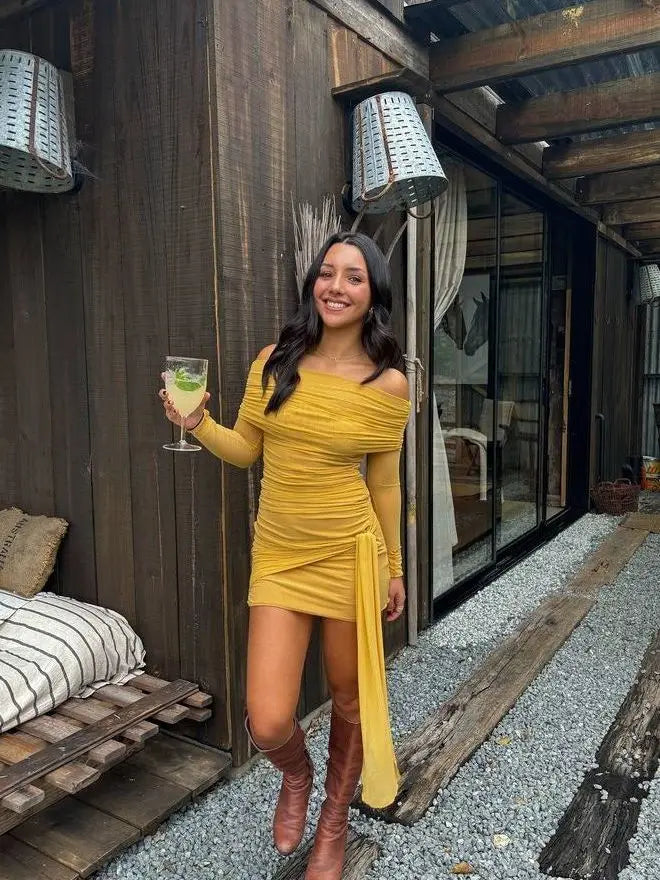 Sexy One Shoulder Mesh Double Layered Dress For Women Tight Elastic Pleated Short Skirt Female Vacation Party Clubwear