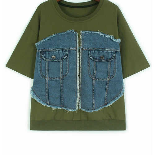 Load image into Gallery viewer, Women Gray Denim Burr Spliced Big Size Casual T-shirt New Round Neck Short Sleeve Fashion Tide Spring Summer 2025 1DJ1232
