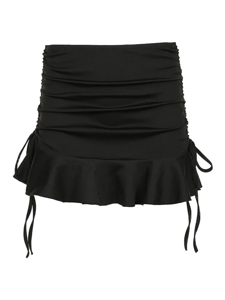 Low Waisted Ruffles Mini Skirt Black Skinny Drawstring Sexy Y2K Short Skirts Fashion Summer Casual Outfits Ladies
