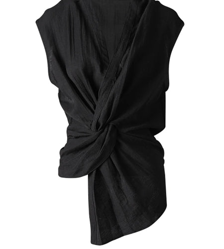 Women Black Irregular Pleated Knot Elegant Blouse New V-Neck Sleeveless Shirt Fashion Tide Spring Summer 2025 CPG3252