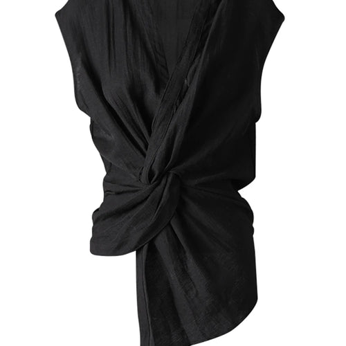 Load image into Gallery viewer, Women Black Irregular Pleated Knot Elegant Blouse New V-Neck Sleeveless Shirt Fashion Tide Spring Summer 2025 CPG3252

