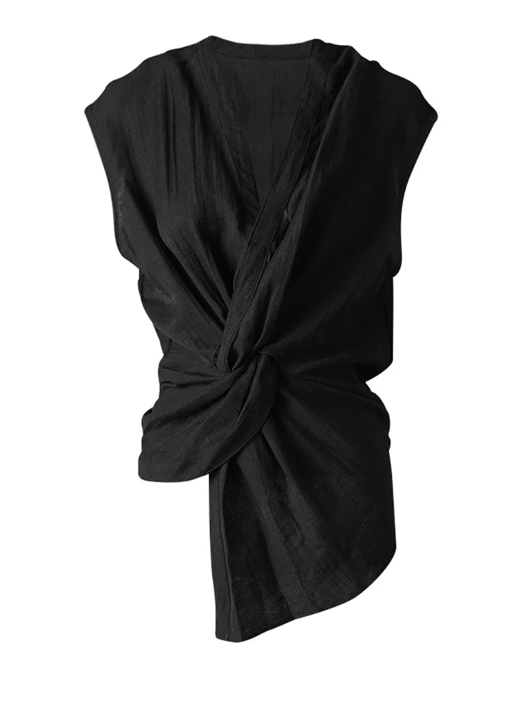 Women Black Irregular Pleated Knot Elegant Blouse New V-Neck Sleeveless Shirt Fashion Tide Spring Summer 2025 CPG3252
