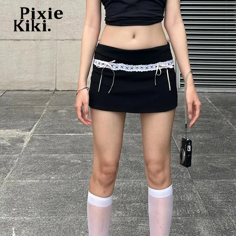 Bow Lace Mini Skirt Kawaii Fashion Girls Low Waist Black Skirts for Women Cutecore Y2k Summer Coquett Clothes P33-BB10