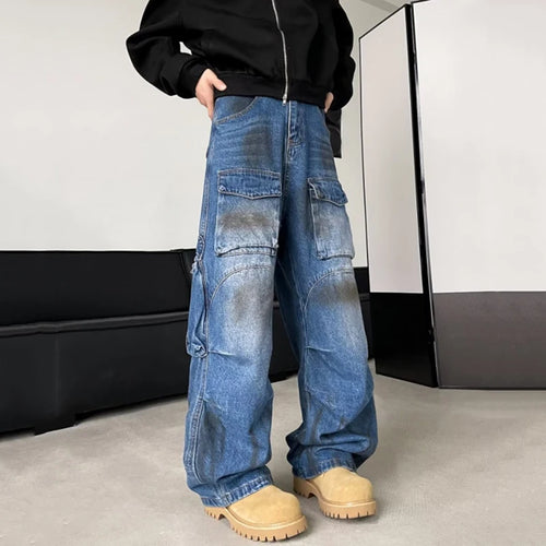 Load image into Gallery viewer, Multi Pocket Design Men Cargo Jeans Winte Splotch Pleated Streetwear Straight Denim Pants Wide Leg Trousers Stylish 9C9270
