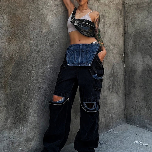 Load image into Gallery viewer, Hole Hollow Out Overalls For Women Sleeveless High Waist Fake Two Piece Denim Wide Leg Pants Female Clothing
