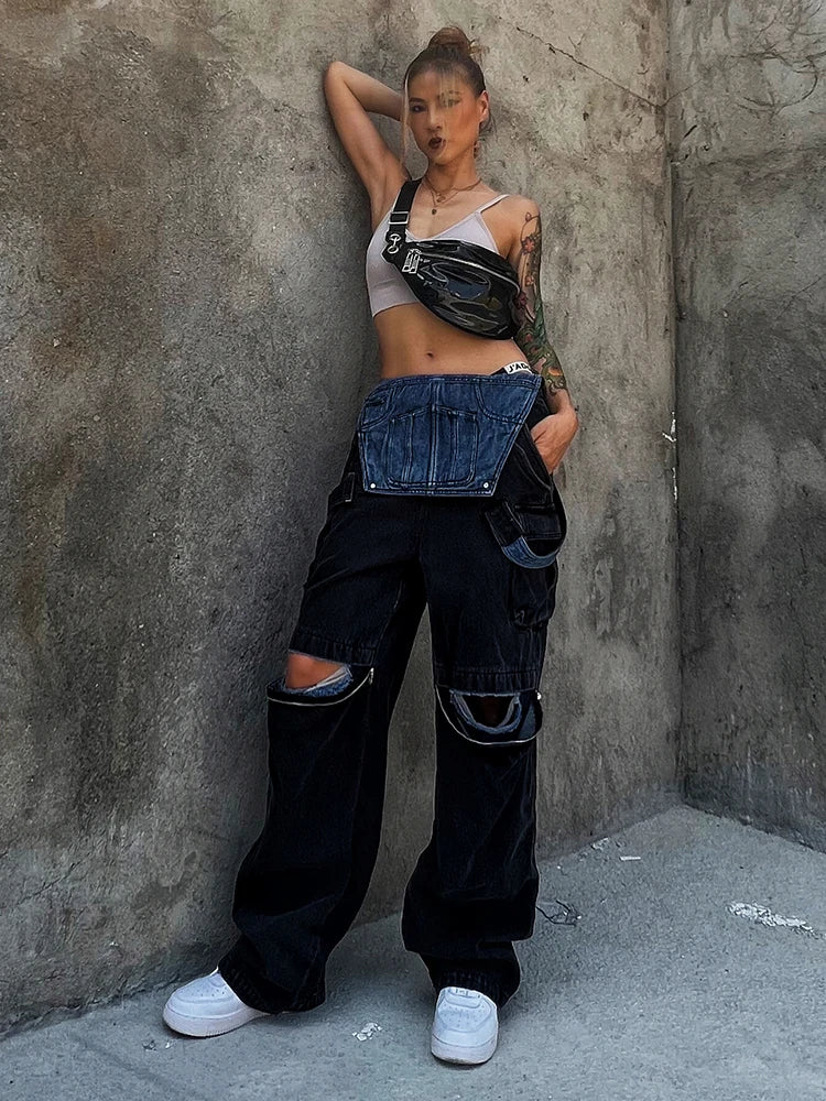 Hole Hollow Out Overalls For Women Sleeveless High Waist Fake Two Piece Denim Wide Leg Pants Female Clothing