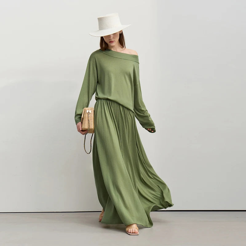 Minimalist Long Skirt 2026 Spring New Solid Color Loose Skirts For Women Elastic Waist A-Line Knit Woman Clothes 12651010