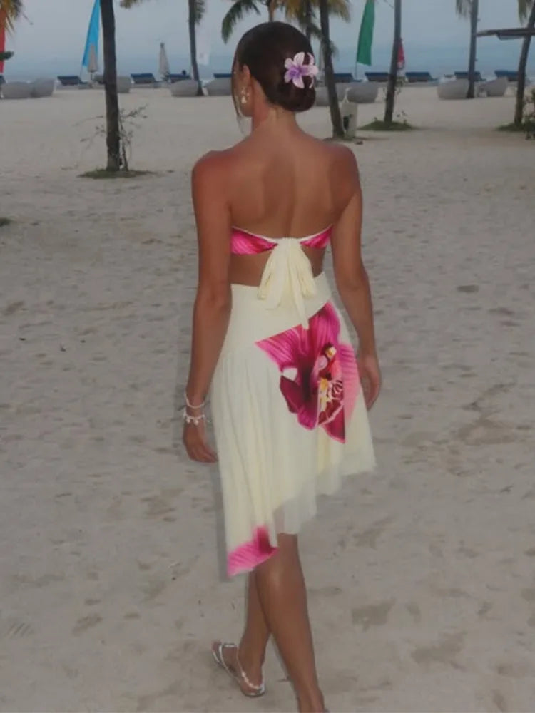 Floral Print Sexy Midi Dress Women Gown Summer New Strapless Off-shoulder Sleeveless Backless Irregular Ruffle Dress