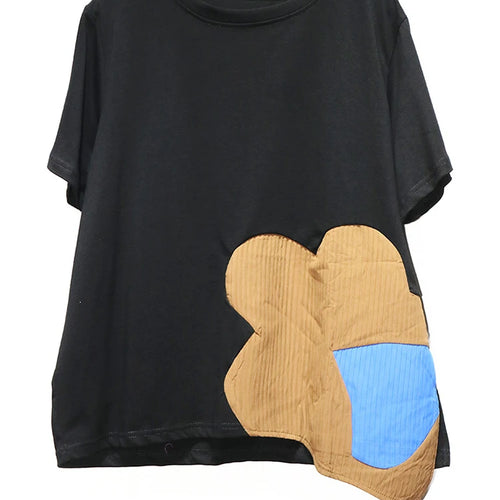 Load image into Gallery viewer, Women Black Color-block Irregular Big Size T-shirt New Round Neck Shorr Sleeve Fashion Tide Spring Summer 2025 1DJ0562
