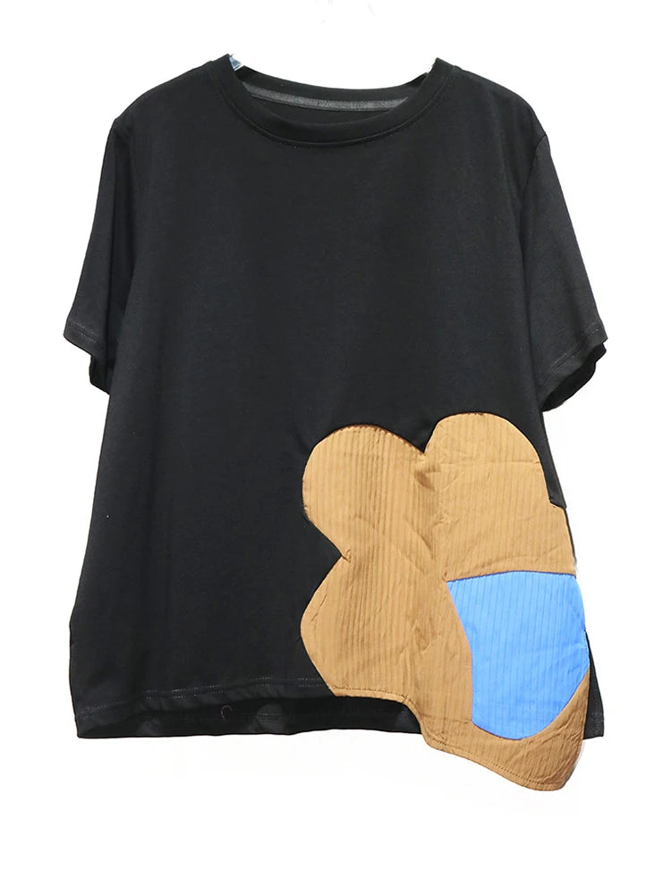 Women Black Color-block Irregular Big Size T-shirt New Round Neck Shorr Sleeve Fashion Tide Spring Summer 2025 1DJ0562